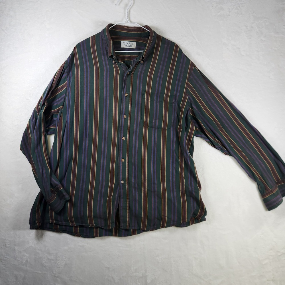 Mikael‎ York Mens XXL Flannel Shirt Long Sleeve Striped Button Up Cotton